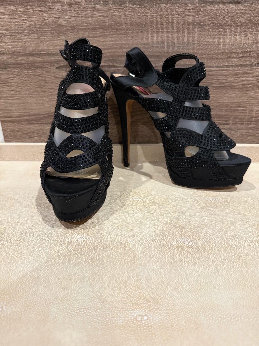 Betsey Johnson Black Rhinestone Embellished Caged Platform Stiletto Heel - 9.5